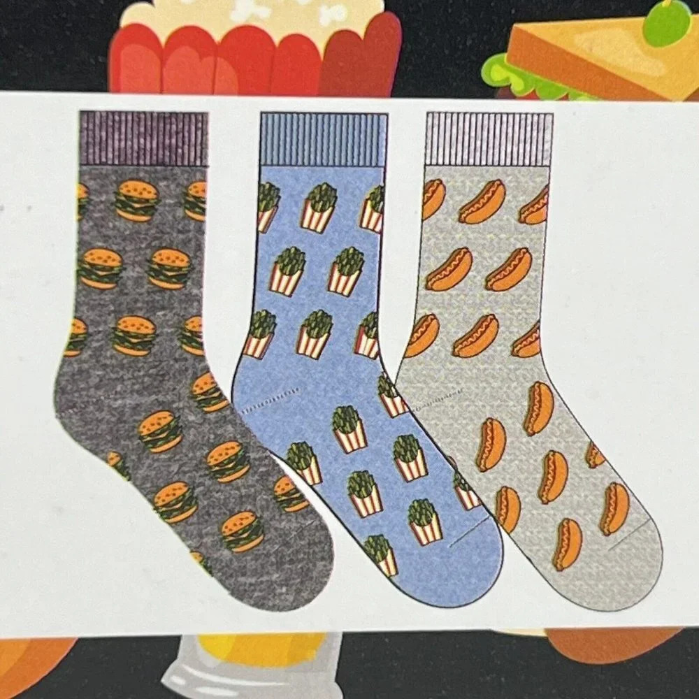 3 Pairs Happy Threads Men's Crew Socks Size 6-12 NWOT Food Theme Burger Fries
